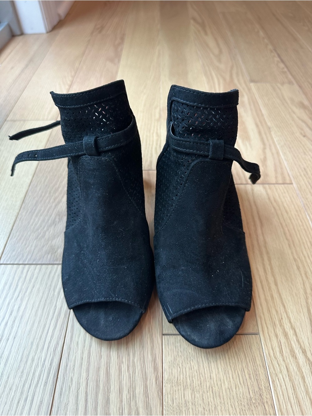 Women's Black Suede Peep-Toe Ankle Booties